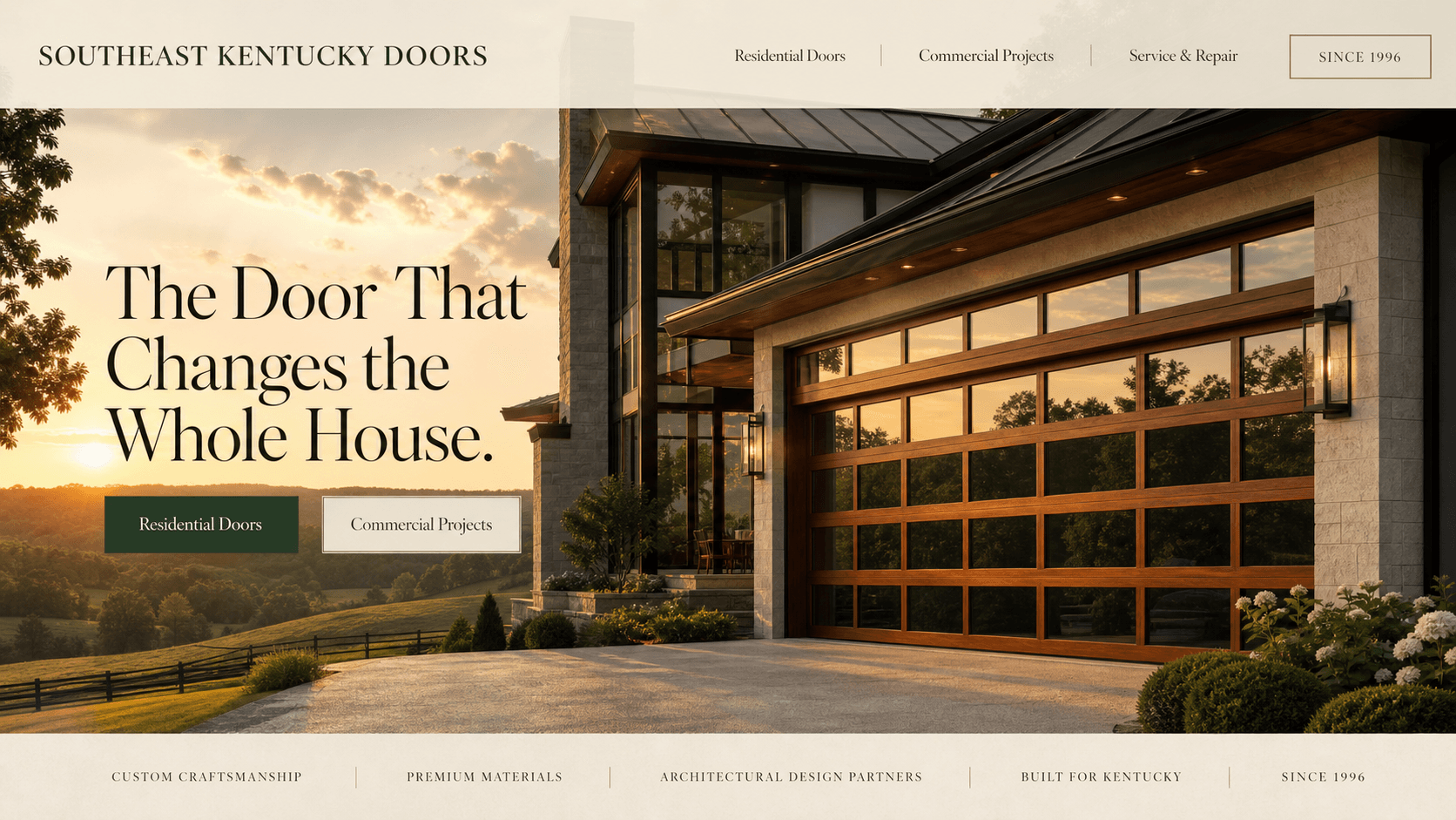 Kentucky modern estate at golden hour with a full-view wood and glass garage door