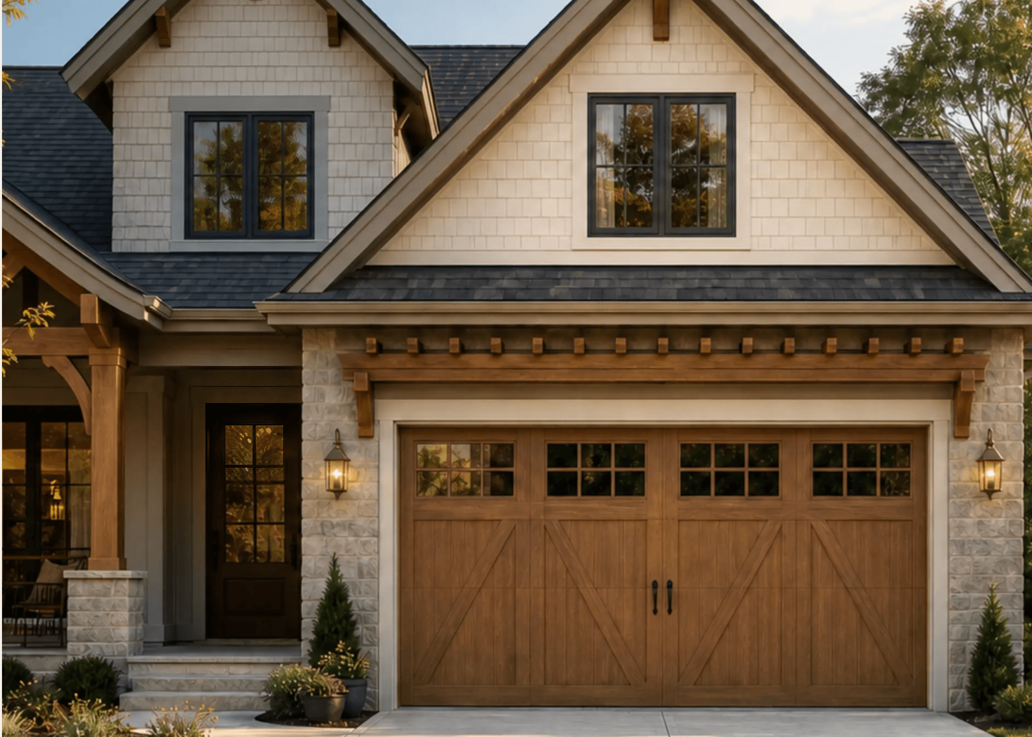 Craftsman home at golden hour with a wood carriage-style garage door